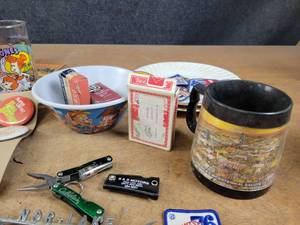 Large Lot of Buttons, Flintstones Glass, Dice, Emblem, Pencils Farm Fest Collectables and More