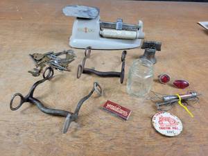 Vintage Pitney Bowes Balance Scale, Horse Bits, Keys, Vintage Firefly Electric Fence tester and More