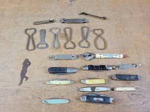 Antique Beer Bottle openers and Pocket Knives - Schells, Schmidt, Hamms and More - Includes a Deer Brand Schells Bottle opener in a Silhouette form