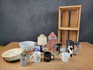 Vintage LEWES Dairy 1 Gallon Glass Milk Jug, MATCO Girly Mugs, Fire king Mug, GlasBake Bowl and More - NO SHIPPING