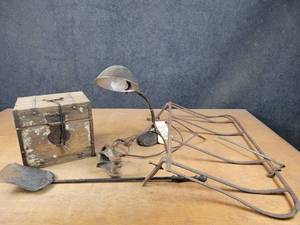 Antique Chest w Lock & Key (10 x 9 x 9), Gooseneck Lamp w Cast Iron Base, Antique Luggage Rack and More - NO SHIPPING