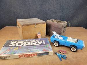Buddy L Truck, Sorry Game and (2) Vintage Wood Boxes - NO SHIPPING