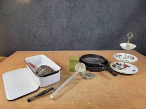 Vintage Enamel Pan w Cover, Fry Pans and More - NO SHIPPING