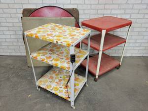(2) Vintage Metal Rolling Shelves and (3) Folding Card Tables - NO SHIPPING