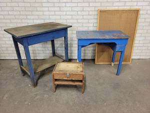 (2) Vintage Wood Tables, Stool and Pegboard - NO SHIPPING