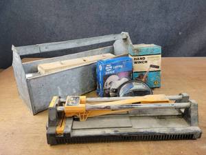 lot 38 image: Tile Cutter (Up to 13.25 Tile x 12), Vintage Galvanized Toolbox, Convex mirror and Hand Winch