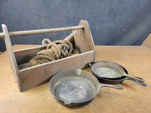 lot 112 image: (3) Cast Iron Frying Pans, Wood Toolbox and More