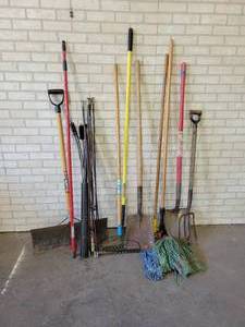 lot 190 image: Lot of Rakes, Shovels, Mops and More - NO SHIPPING