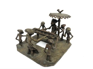 Smaller Bronze Figural Group Sculpture - Mancala Game