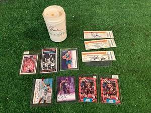 lot 138 image: Autographed Basketball Items - Cards, Cup & Tickets