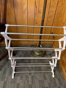 lot 94 image: Counter Height Bar Stool, Shoe Rack and Floor Lamp