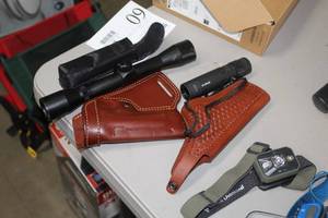 lot 60 image: Lot of (4) Sporting Goods - Leather Holsters (x2), 4x32 Rifle Scope, Spotting Scope 10x30x2.5