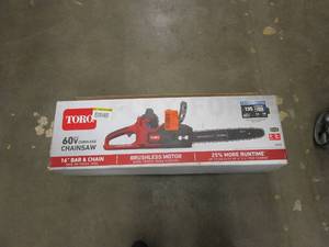 lot 708 image: TORO Flex-Force 16 in. 60-Volt Max Lithium-Ion Battery Electric Cordless Chainsaw, 2.5 Ah Battery and Charger Included 51850 (OPEN BOX)