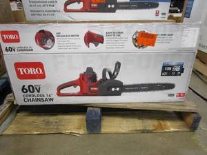 lot 709 image: TORO Flex-Force 16 in. 60-Volt Max Lithium-Ion Battery Electric Cordless Chainsaw, 2.5 Ah Battery and Charger Included 51850 (OPEN BOX)