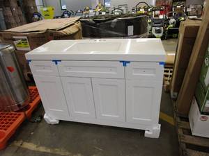 lot 816 image: GLACIER BAY Everdean 48.5 in. W x 18.75 in. D Vanity in White with Cultured Marble Vanity Top in White with White Sink(SOME DAMAGE ON SIDE AND BACK, SEE PHOTOS)