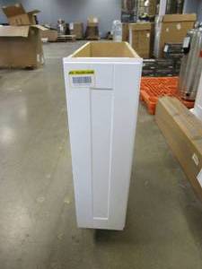 lot 819 image: HAMPTON BAY Shaker Satin White Stock Assembled Base Kitchen Cabinet (9 in. x 34.5 in. x 24 in.) (NICE CONDITION)