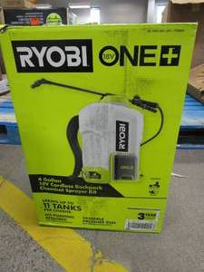 lot 826 image: RYOBI ONE 18V Cordless Battery 4 Gal. Backpack Chemical Sprayer with 2.0 Ah Battery and Charger P2860 (APPEARS TO BE NEW IN OPEN BOX)