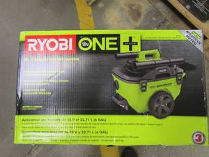 lot 832 image: RYOBI ONE 18V 6 Gal. Cordless WetDry Vacuum (Tool Only) with Hose, Crevice Tool, Floor Nozzle and Extension Wand (P770)(OPEN BOX)