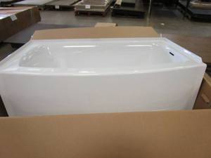 lot 957 image: Ovation Curve 60 in. Right Drain Rectangular Apron Front Bathtub in Arctic White (TILE FLANGE CRACKED, SEE PHOTOS)