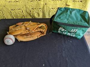 lot 504 image: Rawlings Left Hand Softball Glove, Baseball, and small travel cooler