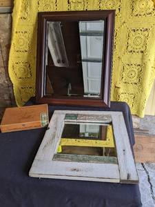 lot 505 image: (2) Wall Mirrors, and Vintage Cigar Box Fair Condition, needs Glue and Bracket See Photos