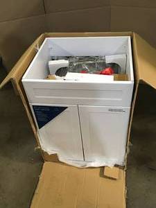 Glacier Bay All-in-One Stainless Steel 24 in Laundry Sink with Faucet and Storage Cabinet in White Customer Returns See Terms on Auction