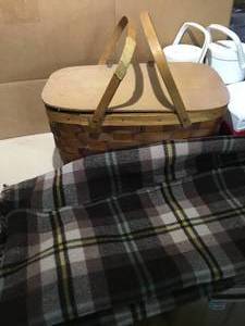 lot 23 image: Wooded Picnic basket a 3 Colman coolers Wool Blanket.