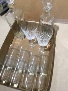 lot 59 image: 2 decanters, 8 clear goblets 2 desserts and 2 wine 4 punch glasses.