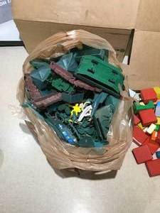 lot 100 image: Lot of Toys - army men and Lego tote of Wooden blocks