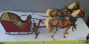Vintage Wood Steigh and 2 Plastic Horses.