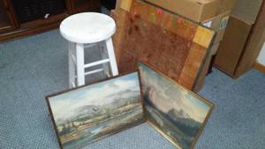 Vintage Wood Stool, Card Table & Artwork.