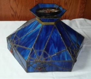 Blue Leaded Glass Hanging Light. 16 in. Side To Side, Spider Web Look.