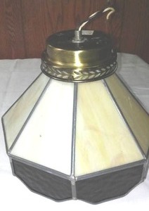 Leaded Stain Glass Light. Some Cracks, Intact, 9 in. Diam., Direct Wire or Pull Chain.