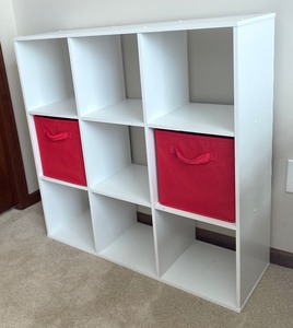 lot 90 image: White Storage Cube Shelf with 2 Red Canvas Storage Boxes