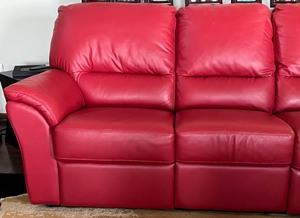 lot 2 image: Very Nice Red Leather Reclining Sofa