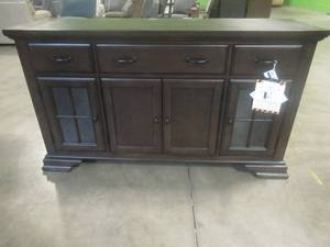 CREATED FOR MACYs LEGACY CLASSIC FURNITURE Solid Wood Buffet 4 Doors (The 2 Side Glass Doors Have internal Lighting), Adjustable Shelves, 3 Doors With Velvet Inlays. Approximate Dimensions 62 x 19 x 36 Tall.