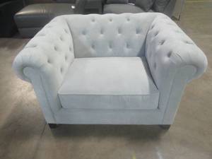 CREATED FOR MACYs JONATHAN LOUIS FURNITURE (Martha Stewart Collection) Button-Tuffed Upholstered Rolled Arm Char  - Deep Stain on Backside (See Photos) in Light Grey.  Approximate Dimensions 50 x 39 x 30 Tall.