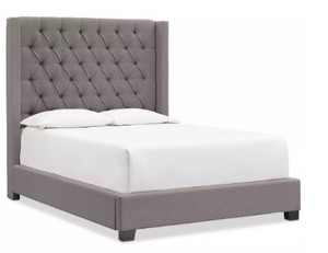 CREATED FOR MACYs FURNITURE Monroe II Upholstered King Bed Frame in Charcoal, Appears To Be Complete.  Approximate Dimensions 84 x 90 x 68 Tall.