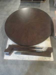 CREATED FOR MACYs FURNITURE, Solid Wood Round Table With Legs (MISSING HARWARE) In Walnut Finish. Slight Corner and Edge DingsScratches (see photos). Approximate Dimensions 48 Dia X 31 Tall.