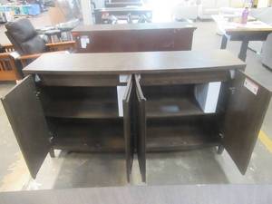 CREATED FOR MACYs RIVERSIDE FURNITURE SOLID WOOD 4 Door Entertainment Stand With Adjustable Shelves (Broken Leg and Top Edge Damage).  Approximate Dimensions 70 x 19 x 38 12 Tall.