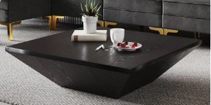 CREATED FOR MACYs VIOLINO FURNITURE, Solid Wood Modern Square Trapezoid Drum Coffee Table in Black - Slight Corner Damage (See Photos) Approximate Dimensions 47 x 47 x 12 Tall.