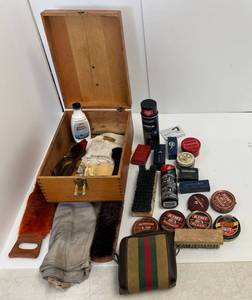 Group Of Vintage Shoe Shine Items In Wood Box
