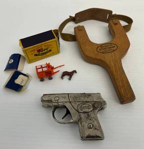 Group Of Vintage Toys Including 1940s Hubley Dick Tracy Cap Gun, Matchbox #7 Milk Float (AS SEEN) And Wham-O-Sportsman Slingshot