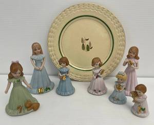 Vintage Growing Up Porcelain Dolls And Titain Ware Plate (Has Crazing)