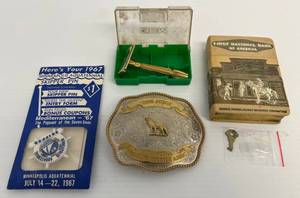 Group Of Misc. Antiques Including Montana Silversmiths Belt Buckle, Bank And More