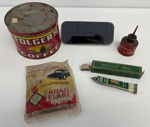 Group Of Vintage Items Including Folgers Can , Eagle Oilers Oil Can And More
