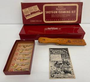 Group Of Vintage HuntingFishing Items Including Wards Brand Shotgun Cleaning Kit, Lures And More