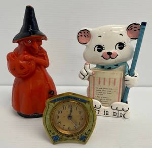 Group Of Antique Items Including Vintage Fanny Farmer Wax Witch, Small Clock And Ceramic Bear Memo Holder