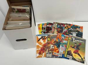 Full Short Box Of Misc. DC & Marvel Comic Books Some In Plastic Bags Some Sleeved And Carded