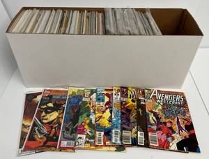 Full Long Box Of Misc. DC & Marvel Comic Books Some In Plastic Bags Some Sleeved And Carded
